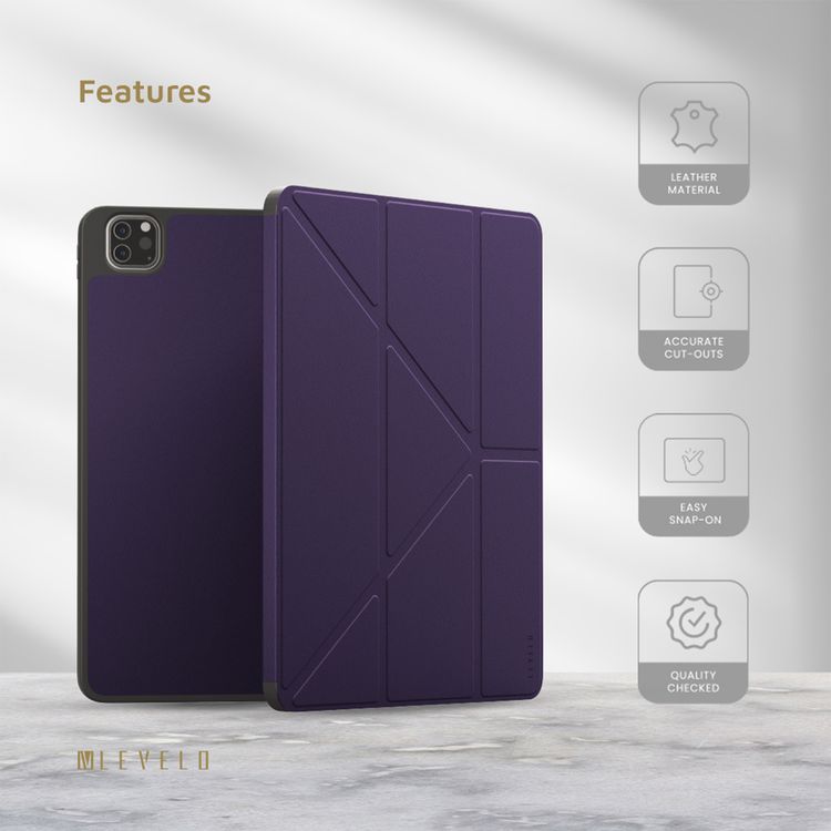 Levelo Elegante Hybrid Leather Case for iPad Pro 4th to 6th Generation, Vertical Orientation & Horizontal Positioning, Shock Absorbent Bumper Case, 360° Protection, Easy Snap-On, Accurate Cut-Outs - Purple