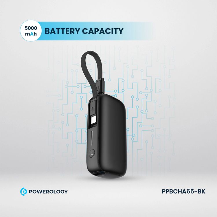 بنك طاقة Powerology بسعة 5000 مللي أمبير في الساعة مع سلك USB-C قابل للإزالة، وتقنية شحن متقدمة، وشحن لجهازين، وصغير الحجم وقابل للحمل، مع حماية مدمجة، وتوصيل طاقة بقوة 20 وات - أسود