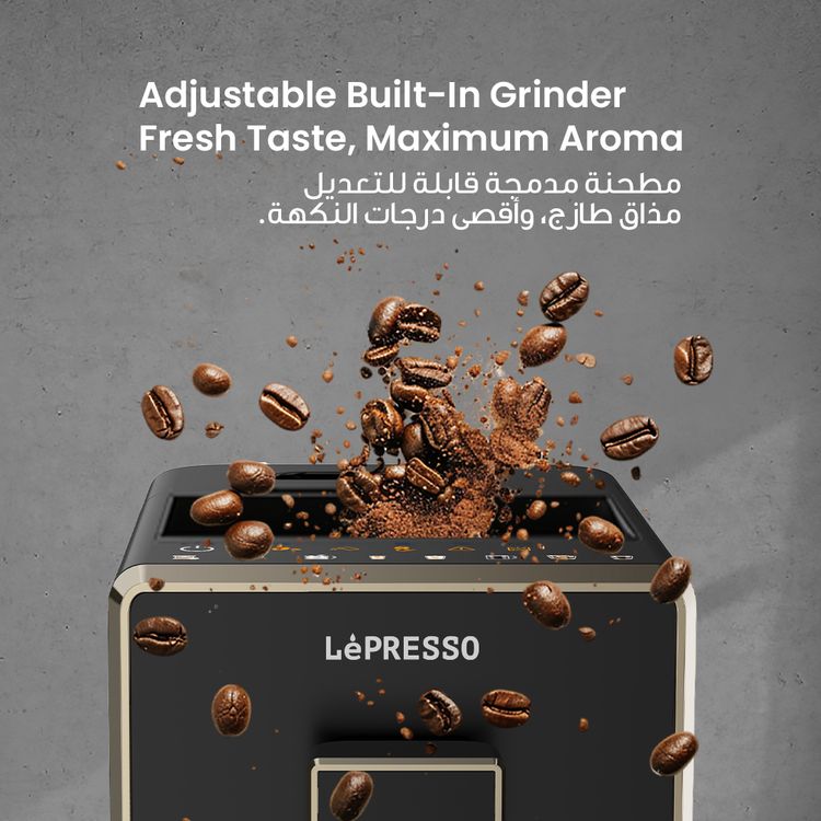 LePresso 20 Bar Full Automatic Coffee Machine, Adjustable Grinder, Hot Water Dispenser, Multiple Brewing Options - Black