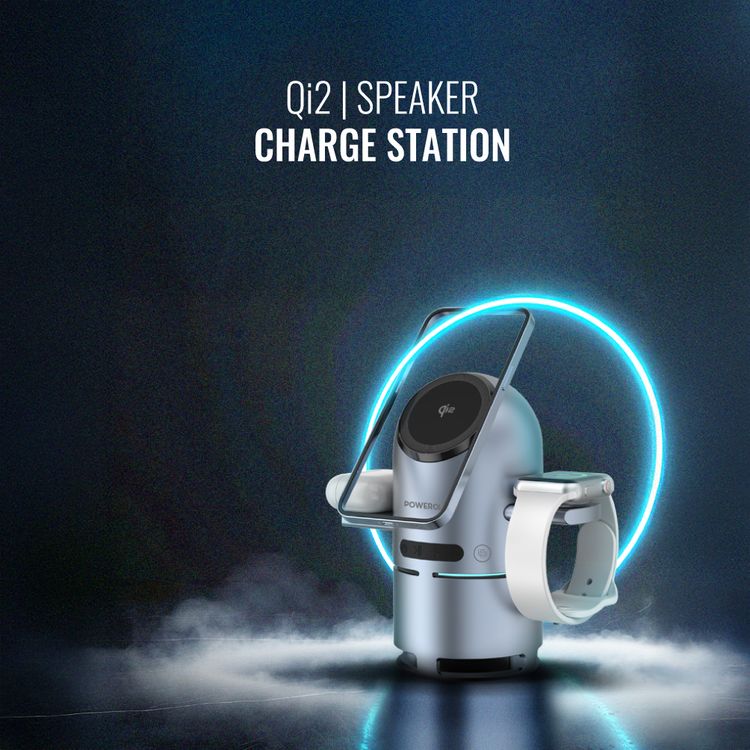 Powerology Qi2 Speaker Charge Station with Pop-Out Charging Dock, 15W Maximum Phone Output, 1000mAh Battery Capacity, Bluetooth Version 5.3, Built-in Safeguards - Gray