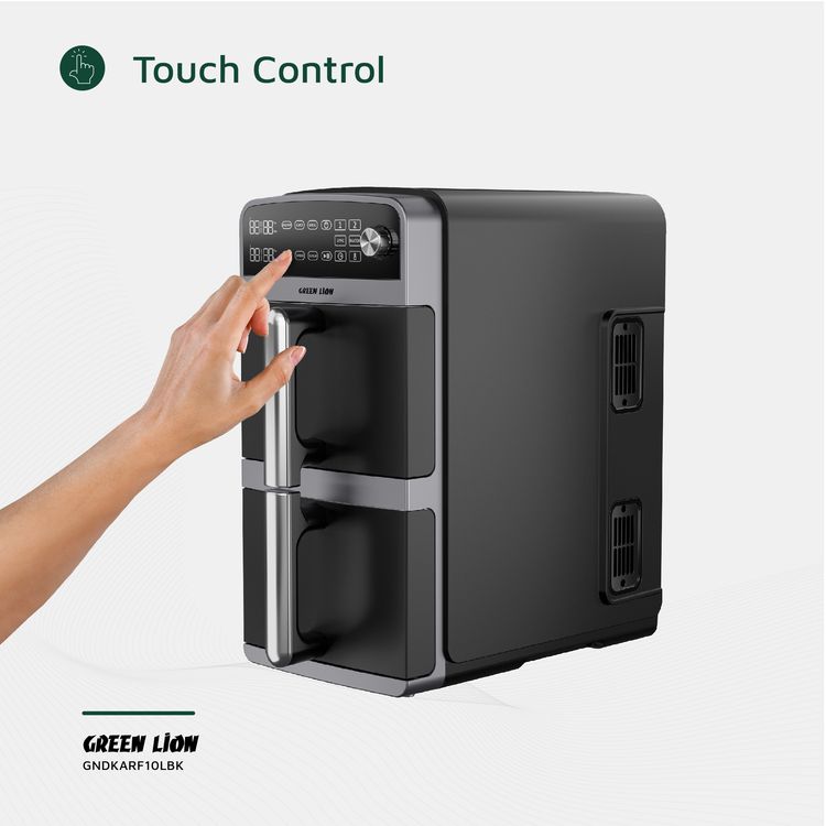 Green Lion Double Decker Air Fryer, 2400W, 110-240V,  50-60 Hz Frequency,  5L+5L Capacity, 0-200°C Temperature, Auto Function, Sync and Match Functions - Black