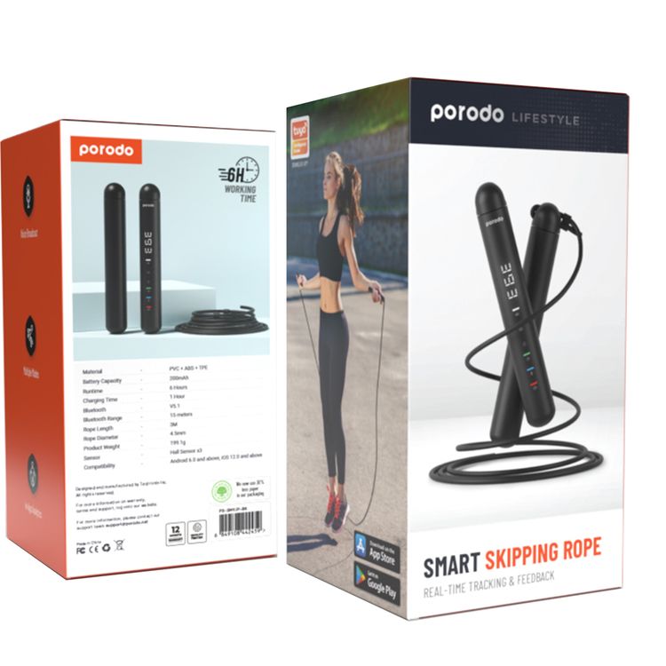 حبل القفز الذكي من بورودو لايف ستايل مع التتبع في الوقت الفعلي والتغذية الراجعة، مصنوع من مواد PVC + ABS وTPE، إصدار بلوتوث 5.1، مدى بلوتوث 15 متر، مدة شحن ساعة واحدة، وقت عمل 7 ساعات، سعة بطارية 200 مللي أمبير، بث صوتي، أوضاع متعددة - أسود