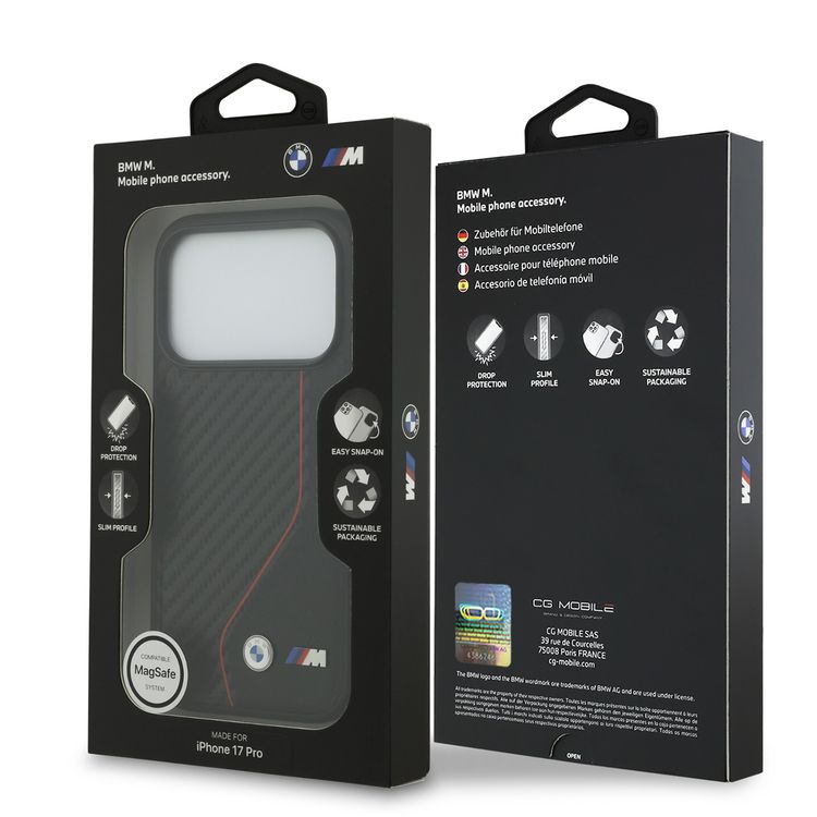 BMW PU Leather & Carbon Case with Colored Line Stitch for iPhone 17 Pro, Drop Protection, MagSafe Compatible, Sustainable Packaging, Easy Snap-On Design, Slim Profile - Black / Red