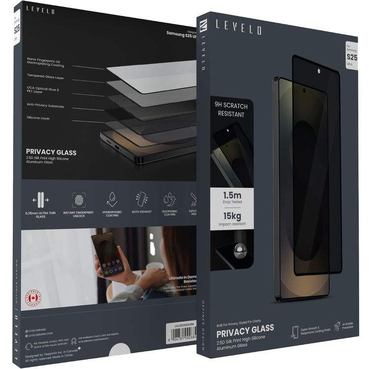Levelo 2.5D Silk Print High Silicone AR Screen Protector for Samsung Galaxy S25 Ultra, Anti-Reflection Privacy Glass, 0.25mm Ultra Thin, Scratch-Resistant, Oleophobic & Hydrophobic Coating, Instant Fingerprint Unlock, Air Bubble Prevention, Explosion- Proof, Auto-Exhaust - Black