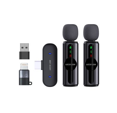 Green Lion GM-76X Microphone with 3-Level Noise Cancellation, 5 Hours Working Time, Less than 30 Milliseconds Latency, Dual Microphones, USB-A, Type-C & Lightning Connectors - Black