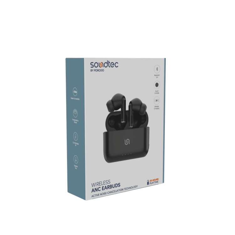 Porodo Soundtec Wireless ANC In-Ear Earbuds with Touch Controls, Wireless Charging, Transparency Mode, Comfortable Fit, Superior Microphone, 20 Hours Playtime with Charging Case, 10m Operating Distance - Black