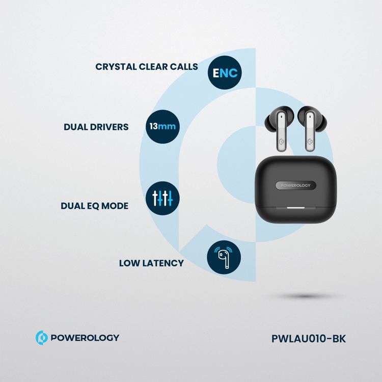 Powerology Hybrid True Wireless Earbuds with ANC + ENC, 6 Microphone, Bluetooth Version 5.3 & Type-C Charging Port - Black 
