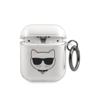 CG Mobile Karl Lagerfeld TPU Glitter Printed Embossed Choupette with Ring Case Compatible with AirPods 1 & 2, Scratch & Drop Protection Cover Officially Licensed - Silver
