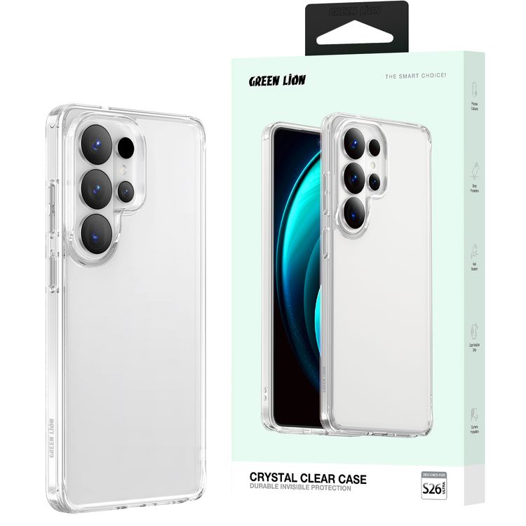 Green Lion Crystal Clear Case with S26 Ultra Devices Compatibility, Anti Scratch Design, Camera Protection, Comfortable Grip, Drop Protection, Antimicrobial Coating, Enduring Clarity, Anti Fingerprint, PC-TPU Hybrid - Clear Color