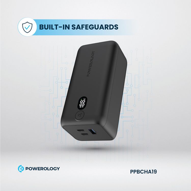 Powerology 20000mAh 65W Onyx Power Bank, Overcharging Protection, USB-A & x2 USB-C Output, LED Display, Fast Charging, Compatible With Laptop  - Black