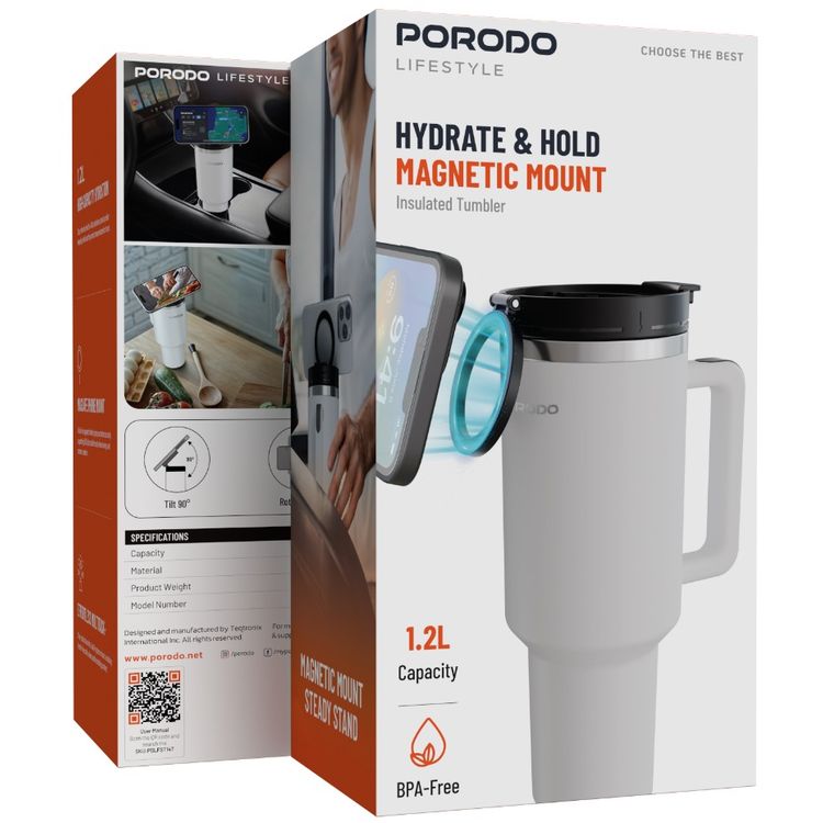 Porodo Lifestyle Magnetic-Mount Insulated Tumbler with 1.2L Capacity, MagSafe Compatibility, Stainless Steel Material, 90° Tilt Angle, Effortless Multitasking, 360° Rotation - White