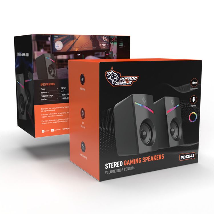  Porodo Gaming Stereo Speakers with Volume Knob Control, Broad Compatibility, Plug & Play, 6W Audio Output, 3.5mm  Audio Interface, 7 Colors Rainbow Lighting - Black