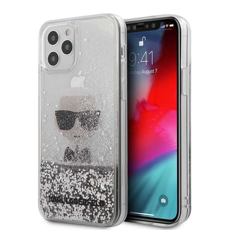 CG Mobile Karl Lagerfeld Liquid Glitter Case with Inner Ikonik Print Compatible for Apple iPhone 12 / 12 Pro (6.1") Shock & Scratch Resistant, Easy Access to All Ports, Drop Protection Back Cover Suitable with Wireless Chargers Officially Licensed - Silver