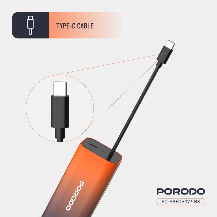 Porodo PB077 20000mAh Power Bank with  Integrated Type-C Cable, PD 20W, Type-C Ports, Portable Design, Fast Charge Support - Black