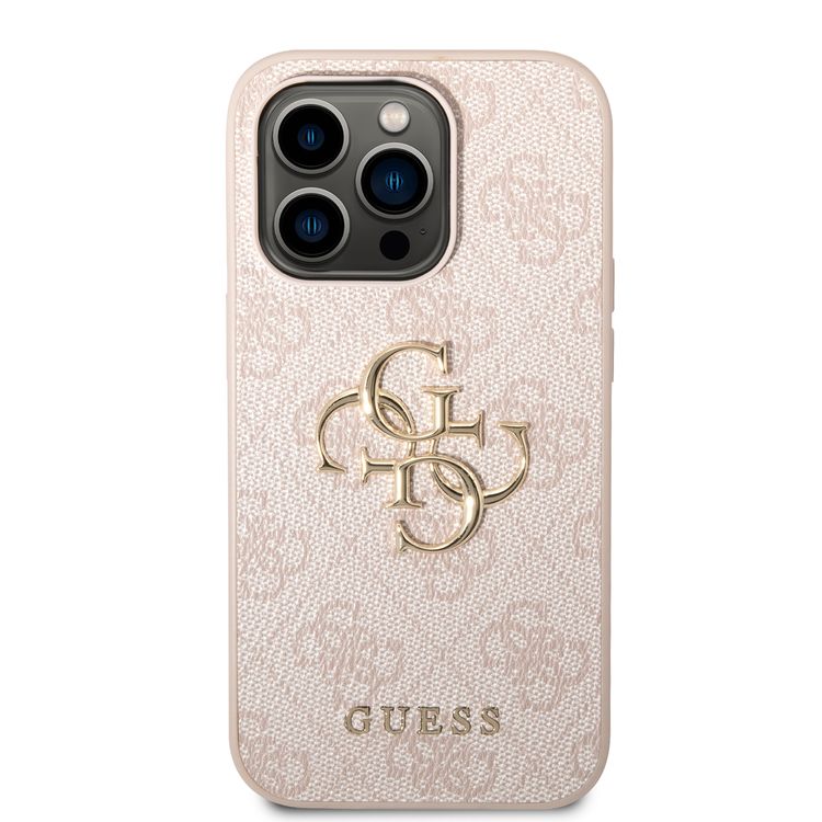 Guess PU Leather 4G Classic and Stylish Case with Big Metal Logo iPhone 14 Pro Compatibility - Pink