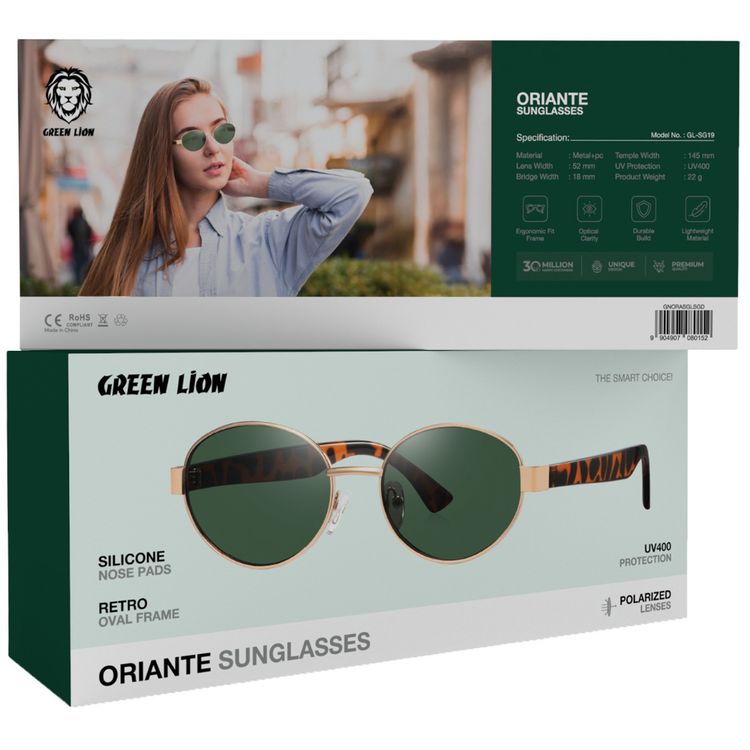 نظارات شمسية من جرين ليون أوريانت مزودة بحماية UV400، عرض العدسة 52 مم، إطار ملائم بشكل مريح، وضوح بصري، عرض الجسر 18 مم، عرض الذراع 145 مم، وسادات أنف من السيليكون، إطار بيضاوي رجعي - ذهبي
