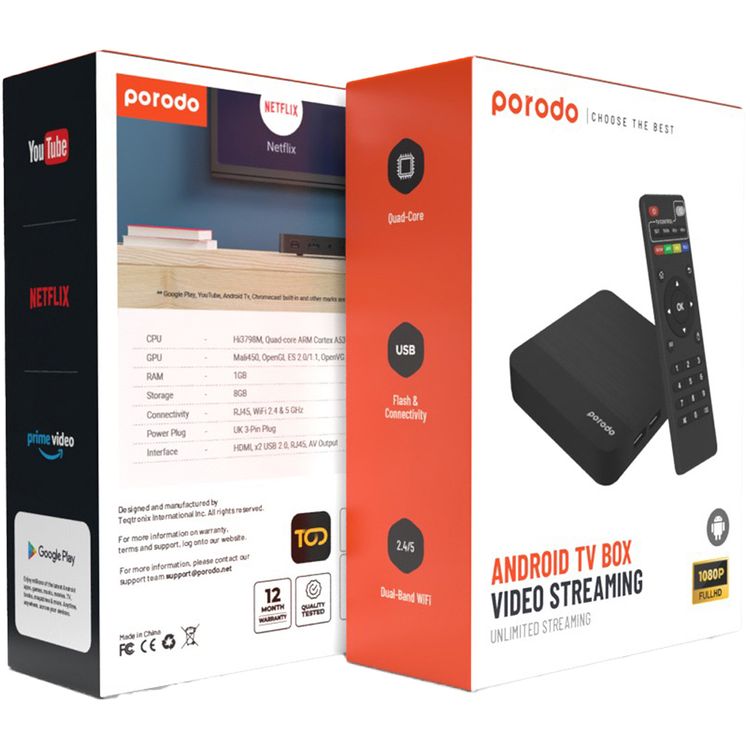 Porodo Android TV Box Video Streaming with 1080P Full HD, 8GB Storage, 1GB RAM,  Quad-Core, HDMI, 2× USB 2.0, RJ45, AV Output, Unlimited Streaming, UK 3-Pin Power Plug - Black
