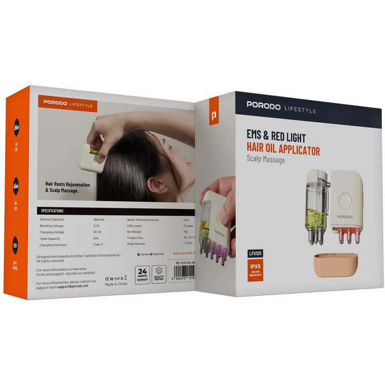 Porodo Lifestyle EMS Scalp Massager & Hair Oil Applicator with Red Light Therapy, Hair Root Rejuvenation, 9mL Tank Capacity, 150mAh Battery Capacity, IPX5 Rated Water-Resistant - Beige
