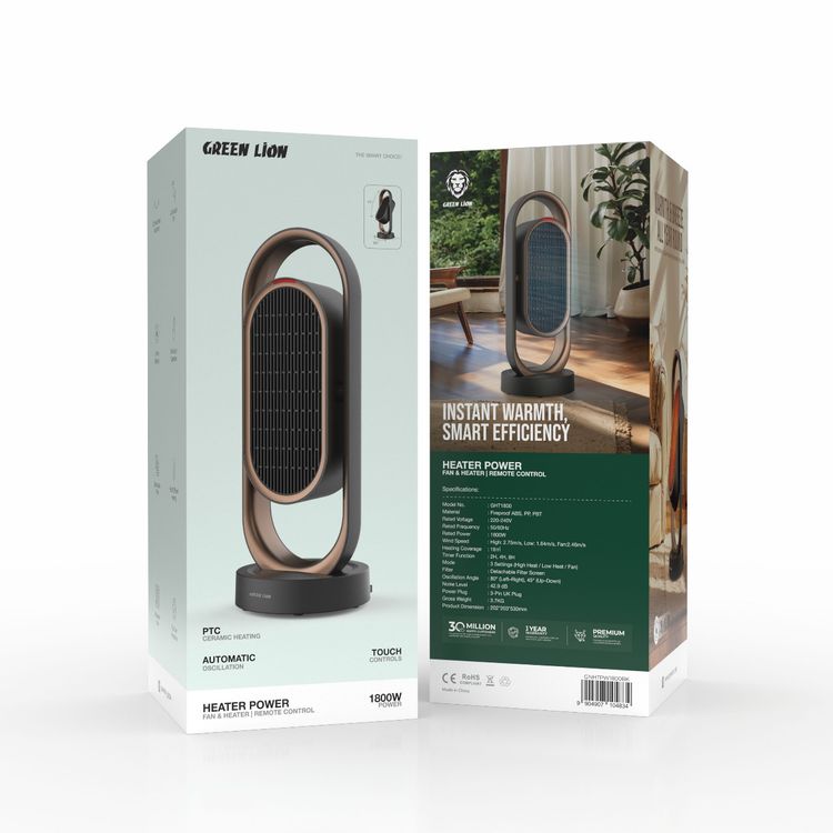 Green Lion Heater Power with Remote Control, 3-Time Settings, One-Touch Operation, 80° Horizontal Oscillation, 45° Vertical Tilt, Fast & Efficient Heating, Detachable Filter - Black