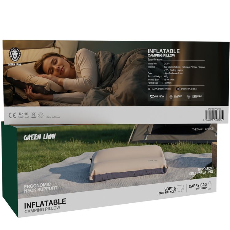 Green Lion Inflatable Camping Pillow with Cushioned Foam Layer, Soft & Skin-Friendly, 5-Layer Construction, Ergonomic Neck Support, 10s Quick Self-Inflating, Carry Bag Included, Cushioned Foam Layer - Beige