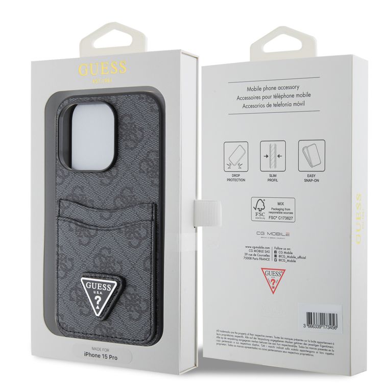 Guess PU Leather Case with Double Card Slot 4G Double Triangle Logo - Black - iPhone 15 Pro