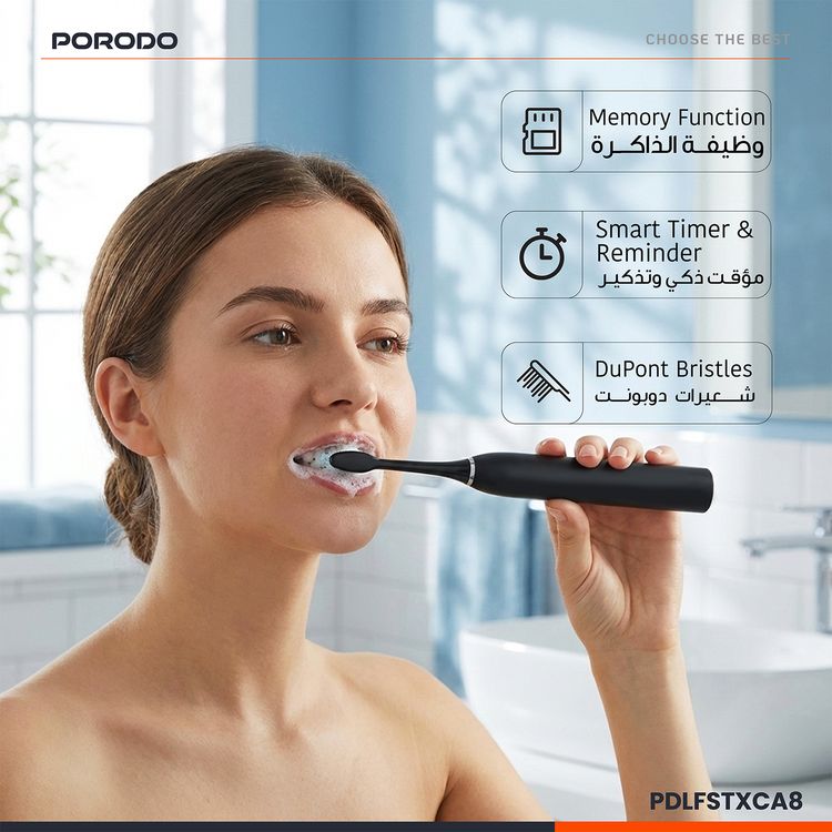 Porodo Lifestyle Smart Sonic Electric Toothbrush with Memory Function, 6 Cleaning Modes, Up to 30 Days Working Time, 500mAh Battery, IPX7 Water Resistance Level, USB-C Charging Interface, DuPont Bristles, Powerful Sonic Cleaning, Smart Timer & Reminder - Black