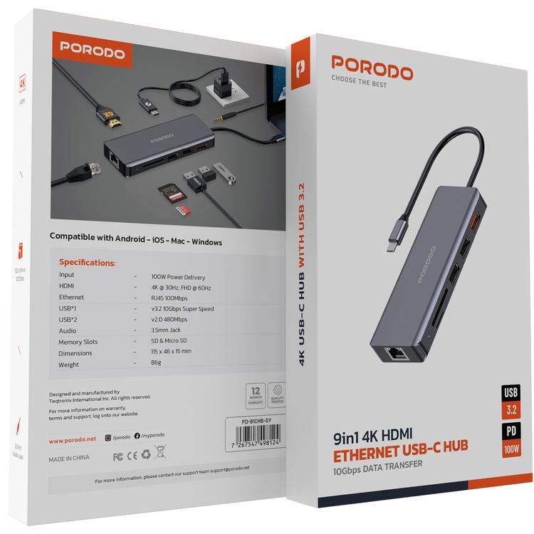 Porodo 9-in-1 USB-C Hub 4K HDMI Ethernet with 100W Power Delivery, 3.5mm Aux, USB-C Version 3.2, 10Gbps Data Transfer Speed, SD & Micro SD Memory Slot - Gray