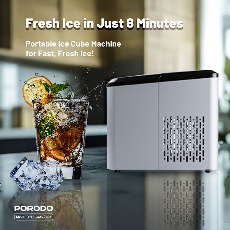 Porodo Lifestyle Portable Outdoor Ice Cube Machine with 2.2L Water Storage Capacity, 8 Minutes Ice Making Time, Small & Large Ice Cubes Maker - Black