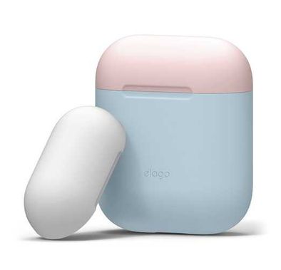 Elago Duo Case for Airpods, 3-in-1 Pastel Color, High Quality Silicone, Shock Resistant, Scratch Resistant, Supports Wireless Charging - Body-Pastel Blue / Top-Pink,White