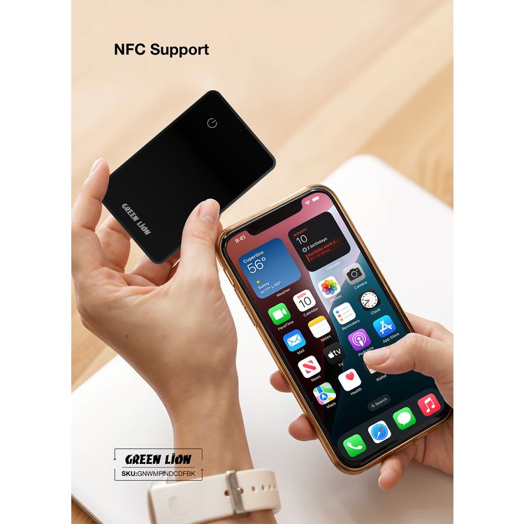Green Lion Wallet Mate Card Finder with Aluminum Frame & Glass Material, 540mAh Battery Capacity, Primary Lithium Battery Type, Water Resistant, Thin & Durable, 2 Years Battery Life - Black