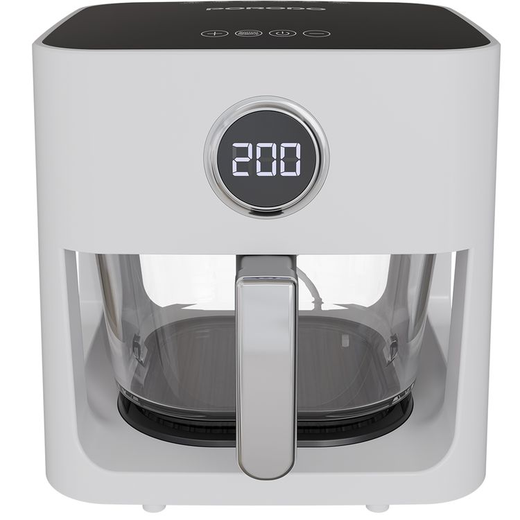 Porodo Lifestyle Glass Pot Air Fryer with 5L Capacity, Up to 60 Minutes Timer, 8 Presets, 360° Panoramic View, 1200W Rated Power, Food-Grade Glass Spot, Touch Panel - White