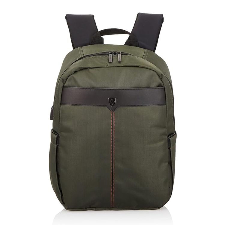 Ferrari Nylon 15" Backpack with Metal Logo Off Track, Charging Port, Adjustable Shoulder Strap, Multiple Pockets, Water Resistant - Kaki