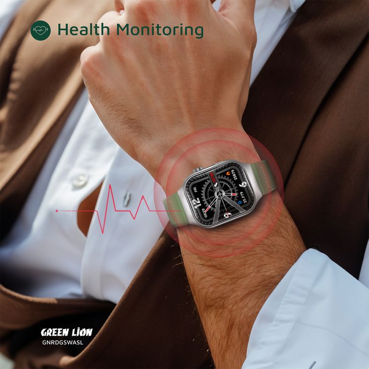 Green Lion Ridge Smart Watch with Magnetic Charging, Bluetooth Calls, Music Player, Health Monitoring, Metal Case Material, PU Leather Strap Material - Silver / Green