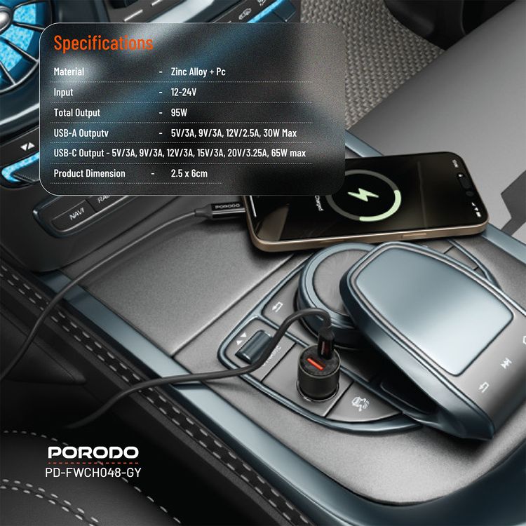  Porodo 95W Transparent Car Charger, Zinc Alloy & PC Material, 30W USB-A & 65W USB-C Outputs, Simultaneous Fast Charging, Universal Compatibility - Gray