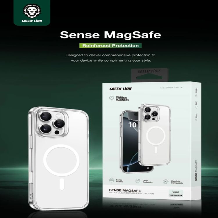 جراب Green Lion Sense Crystal Clear Magsafe، لهاتف iPhone 16، حماية للكاميرا، حماية من السقوط، متوافق مع Magsafe، مغناطيسات قوية، مضاد للخدش، زر استشعار، حافة مرتفعة