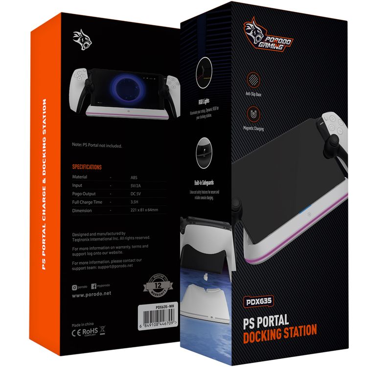 Porodo Gaming PlayStation Portal Charging Dock with RGB Lights, Type-C Connector, 3.5 Hours Charging Time, Built-in Safeguards, Anti-Slip Base, Magnetic Charging - White