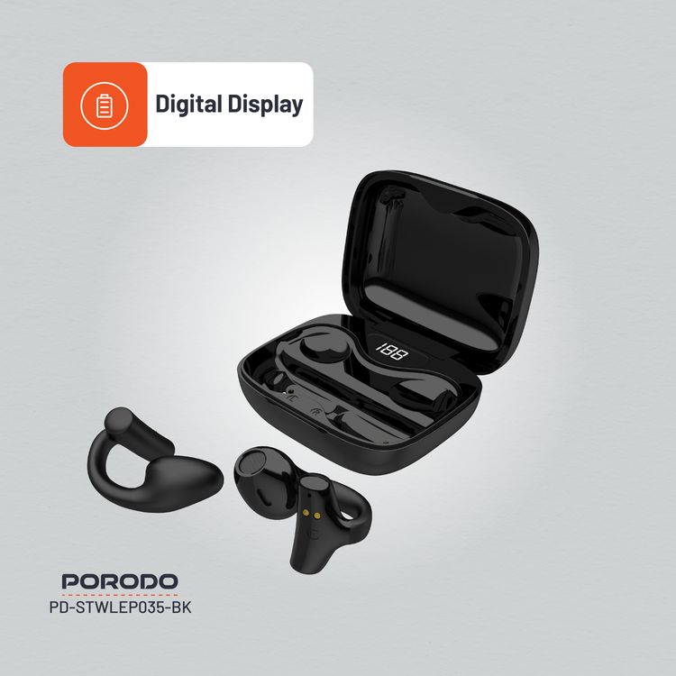 Porodo Soundtec TWS Ear Clip, 10m Transmission Range, Bluetooth V5.3, Up to 24 Hours Play Time, 300mAh Battery Capacity - Black