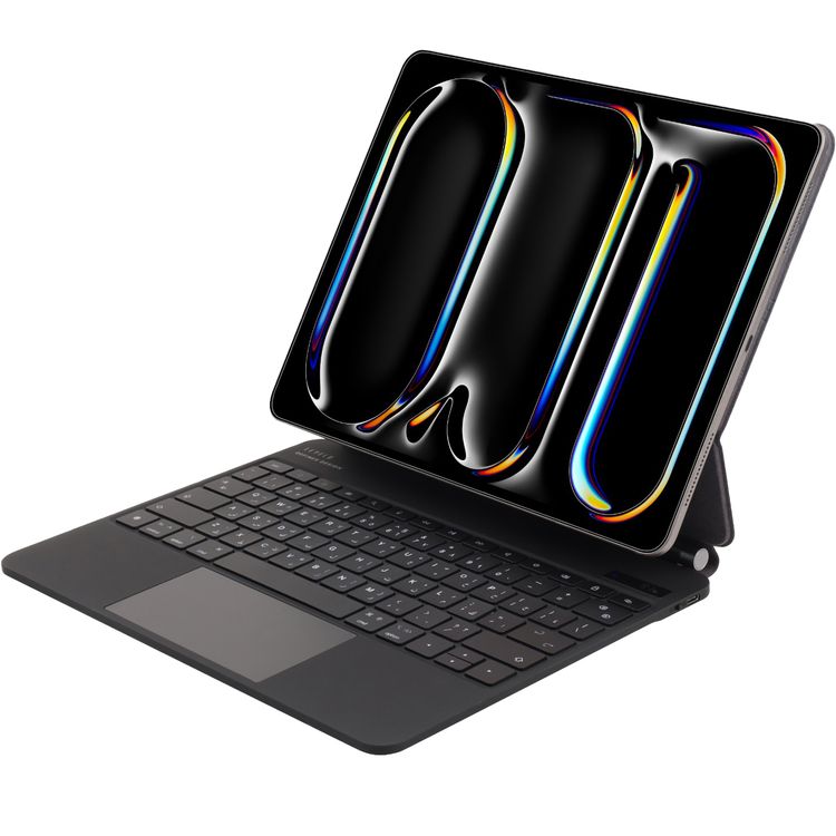 لوحة مفاتيح لاسلكية من الجلد من Levelo AeroBoard Saffanio لجهاز iPad Pro 11" 2024، زاوية قابلة للتعديل حتى 130 درجة، تصميم متوهج محيطي، لوحة لمس مدمجة، 500 مللي أمبير في الساعة - أسود