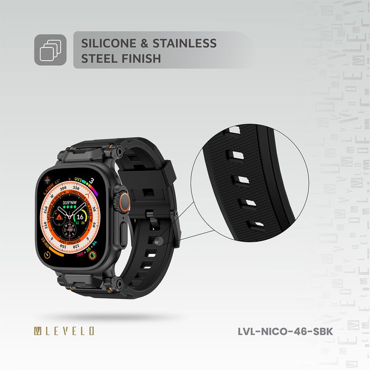 Levelo Nico Watch Strap for Apple Watch 49/46mm with Metal Buckle Closure, Compatible with SE Series 9, 8, 7, 6, 5, Silicone & Stainless Steel Finish, Lightweight & Flexible Fit, Sweat-Resistant & Water-Resistant, Hypoallergenic Material, Extended Band Interaction - Stealth Black