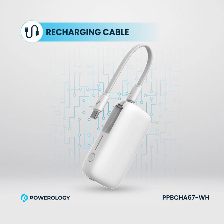 Powerology 20000mAh Power Bank with Detachable USB-C Wire, 30W Power Delivery, 3-Device Charging, Long Time Standby, Universal Phone Compatibility, Built-in Safeguards - White