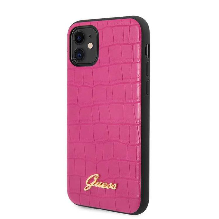 CG Mobile Guess PU Croco Print Phone Case with Metal Logo Compatible for iPhone 11 (6.1") Shock & Scratch Resistant Officially Licensed - Pink