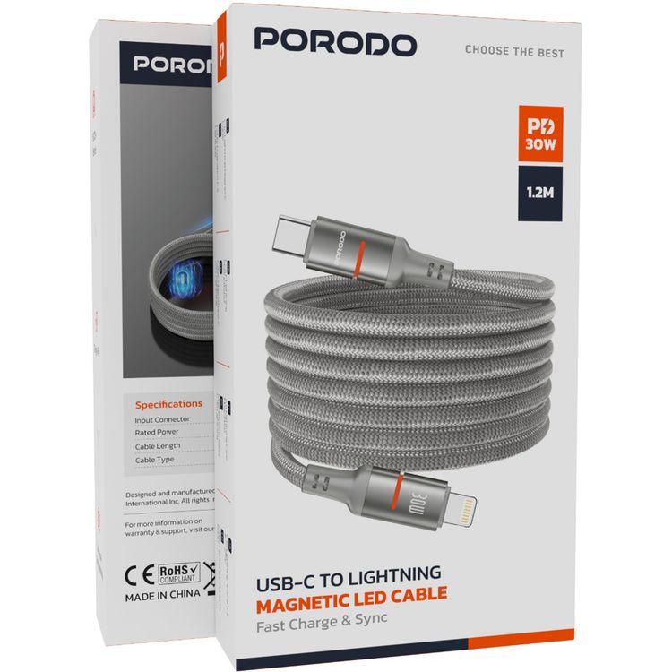 Porodo Type-C to Lightning Magnetic Braided Cable with 30W Power Delivery, 1.2m Cable Length, More than 15,000 Bends Lifespan, Tangle-Free Design - Gray