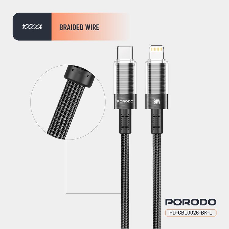 كابل USB-C إلى Lightning شفاف من Porodo، بطول 1.2 متر، متوافق عالميًا، PD 30W، آمن ومضمون، شاحن سريع للبيانات - أسود