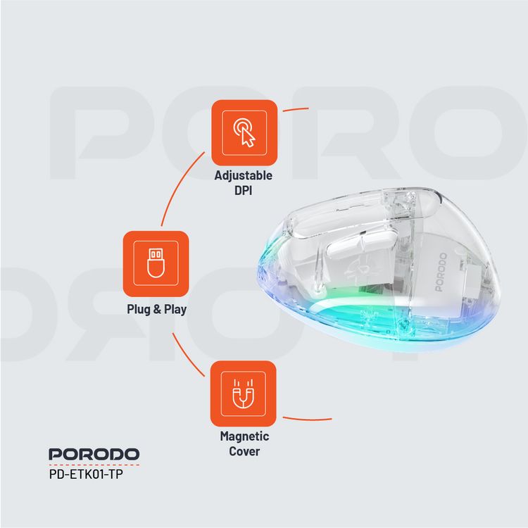 Porodo Vertical 4800 DPI Wireless Mouse with Crystal Shell, Magnetic Cover, Adjustable DPI, Dual Mode, Plug & Play, Type-C Charging Interface - White