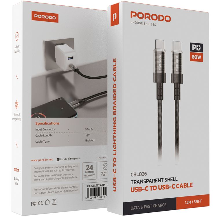 كابل USB-C إلى USB-C شفاف من Porodo، بطول 1.2 متر، متوافق عالميًا، PD 60 وات، آمن ومضمون، شاحن سريع للبيانات - أسود