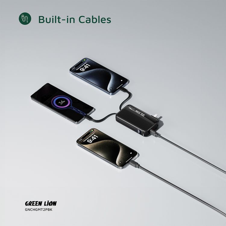 شاحن باور بانك غرين ليون تشارج ميت بقدرة 10000 مللي أمبير PD 22.5W، مدخل طاقة AC، كابلات مدمجة، شاشة رقمية، قابس الولايات المتحدة، قابس الاتحاد الأوروبي، قابس المملكة المتحدة - أسود