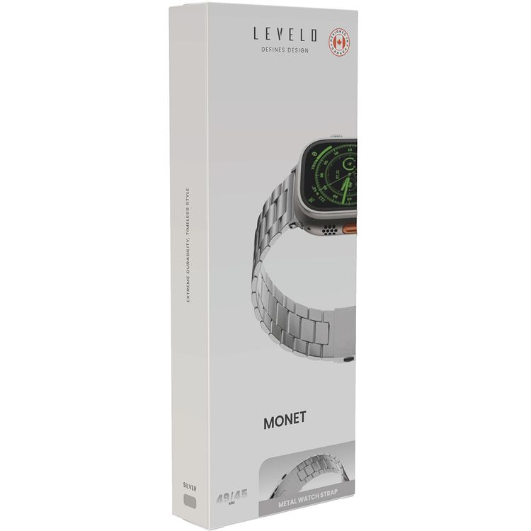 Levelo Monet Stainless Steel Watch Strap with Adjustable Links for Apple Watch 49/46mm, Hypoallergenic Material, 24/7 Wearability, Anti-Oxidation Technology, Compatible with SE, Series 9, 8, 7, 6 & 5 - Silver
