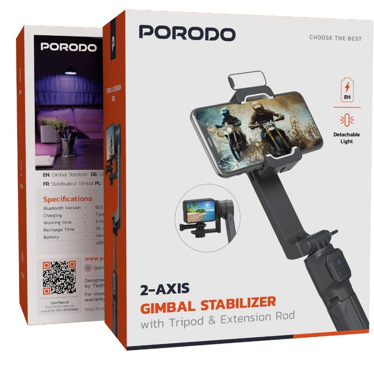 Porodo 2-Axis Gimbal Stabilizer with 3 Light Modes, Up to 8 Hours Working Time, FPV Mode, Anti-Shake, Detachable Light, Compatible with Smartphones & Action Cameras - Black