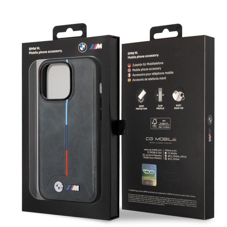 BMW M Collection Magsafe Compatibility Quilted PU Case with Hot Stamped Tricolor Stripe iPhone 14 Pro Compatibility - Gray