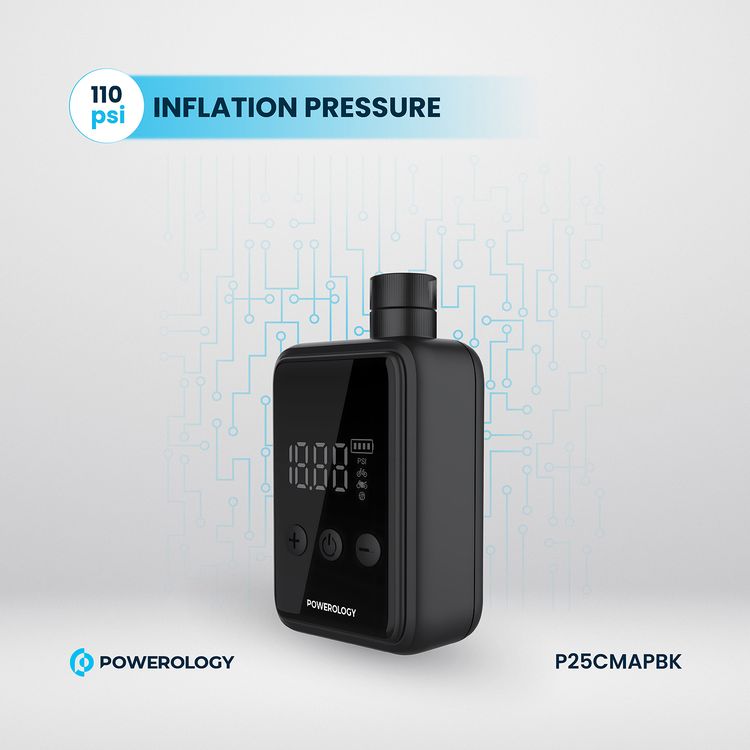 Powerology Super Compact Tire Inflator with 1000mAh Battery Capacity, 15L/Min Inflation Speed, Inflation Pressure 110psi, Heat Dissipation Vent, Digital Display, Type-C Charging Port - Black